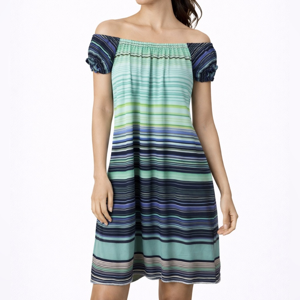 GAP Blue Green Striped Off Shoulder Dress XS Summer Beach Casual Boho Coastal